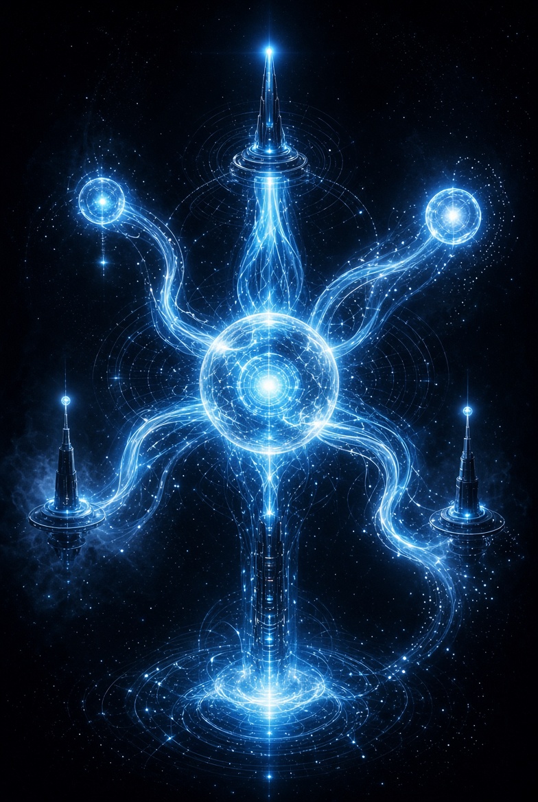 Glowing blue energy orbs linked to transmission towers by beams of light